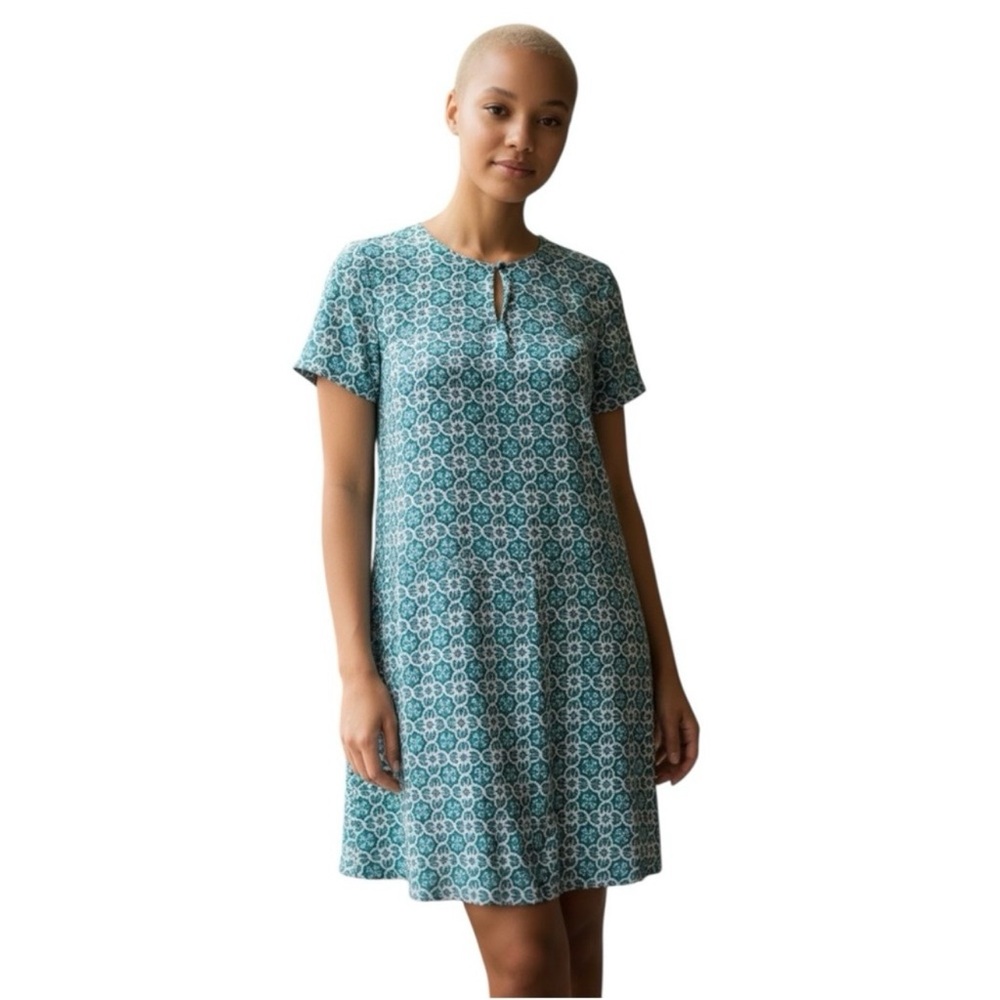 J. Crew Silk Swoop Dress Sz 4 Navy Green Medallion Short Sleeve Swing Lined